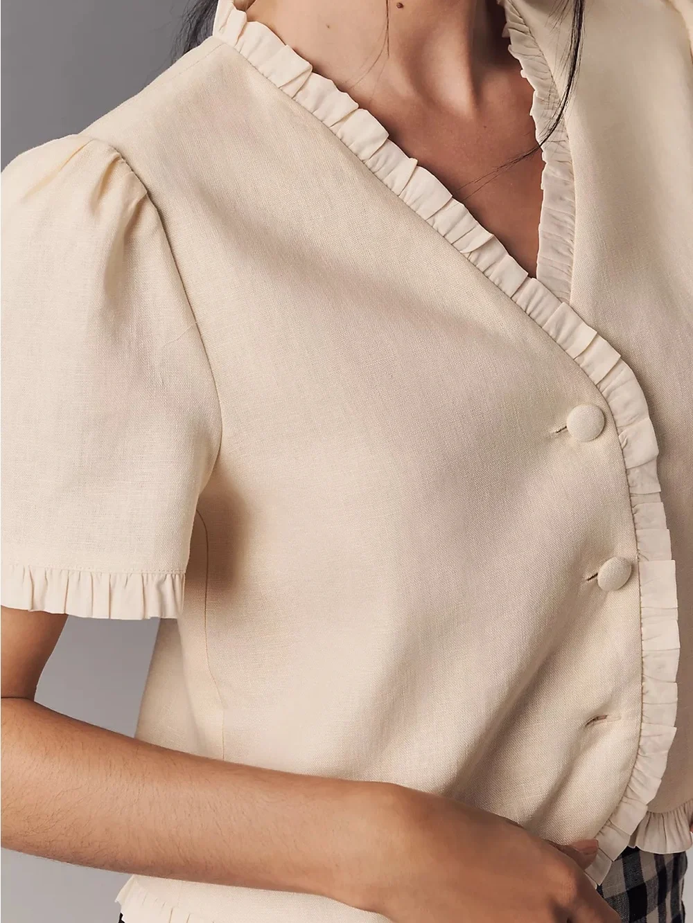 Reformation Cream Ruffle-Trim Short Sleeve V-Neck Blouse